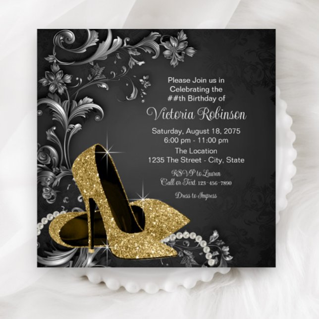 Convite Festa de Aniversário de Mulheres Douradas Negras (Black gold high heels and pearls any number birthday and event invitation. Simply add your details.)