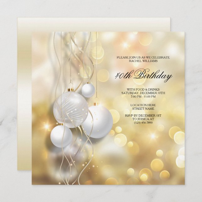 Convite Festa de aniversário de Natal Elegante Baubles (Frente/Verso)