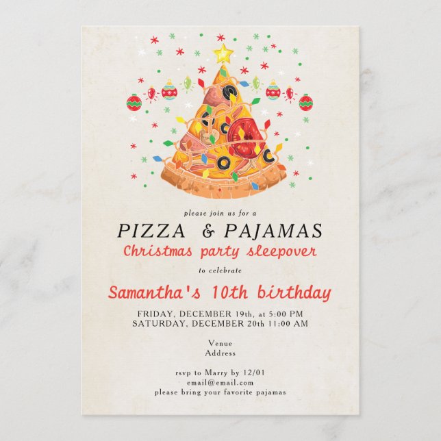 Convite Festa de Aniversário de Natal Pizza & Pijamas (Frente)