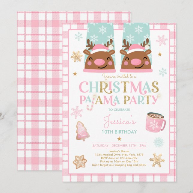 Convite Festa de aniversário de Natal Rosa E Dourada (Frente/Verso)