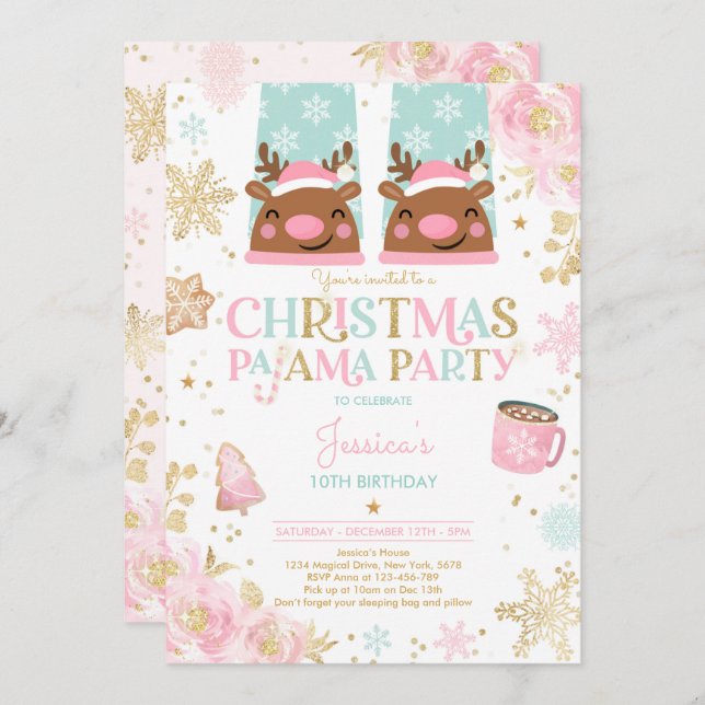 Convite Festa de aniversário De Natal Rosa E Dourada (Frente/Verso)
