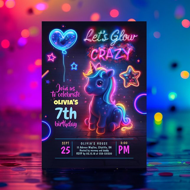 Convite Festa de aniversário de Neon Maluco de Vamos Unicó (Let's Glow Crazy Unicorn Birthday Invitation)
