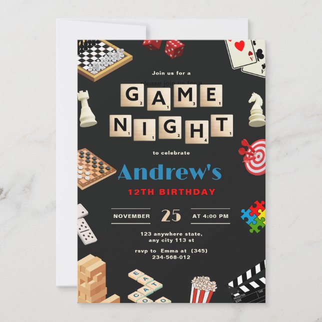Convite Festa de Aniversário de Noite de Jogos Diversão Jo (Frente)