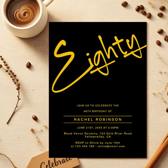 Convite Festa de aniversário de Oitava Adulto Preta e Dour (Criador carregado)