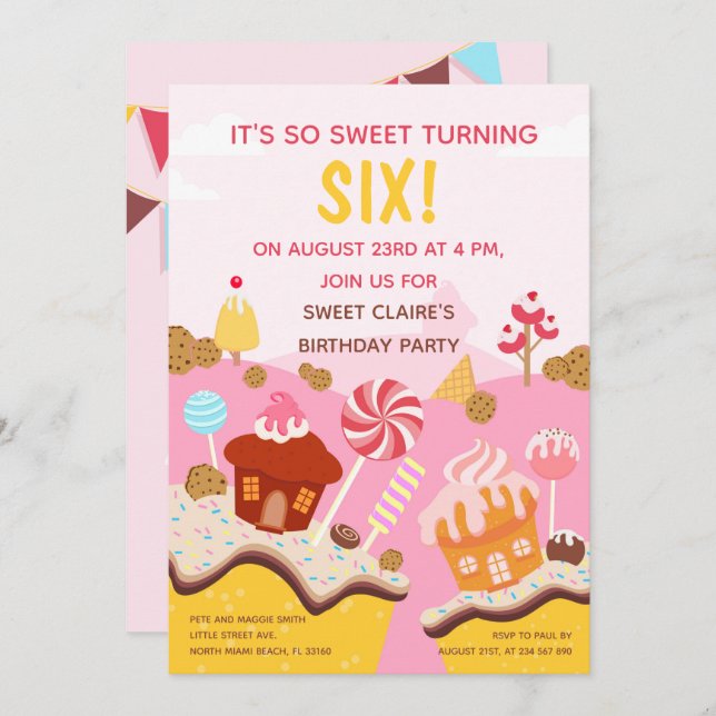 Convite Festa de aniversário de pacotes doces (Frente/Verso)