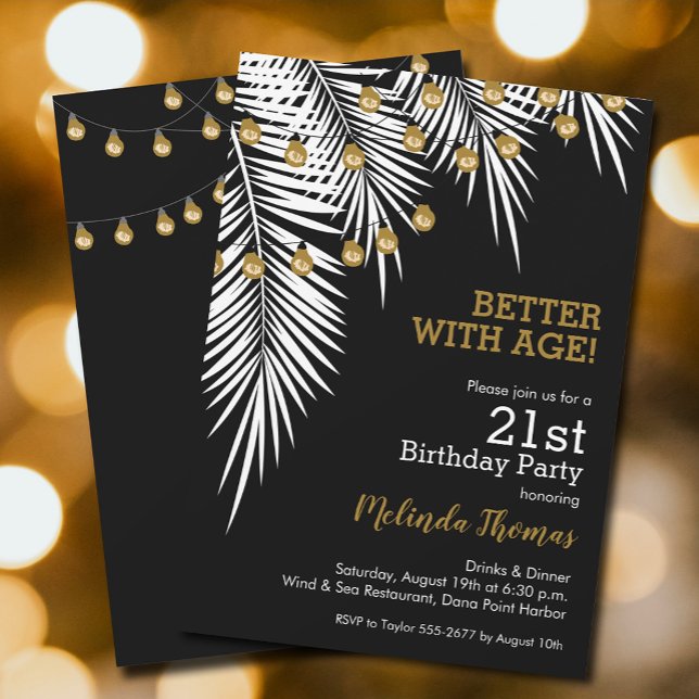 Convite Festa de aniversário de Palmas Douradas e Pretas (White Palms and string lights on black 21st birthday  invitations, PRINTED and/or INSTANT DOWNLOAD)