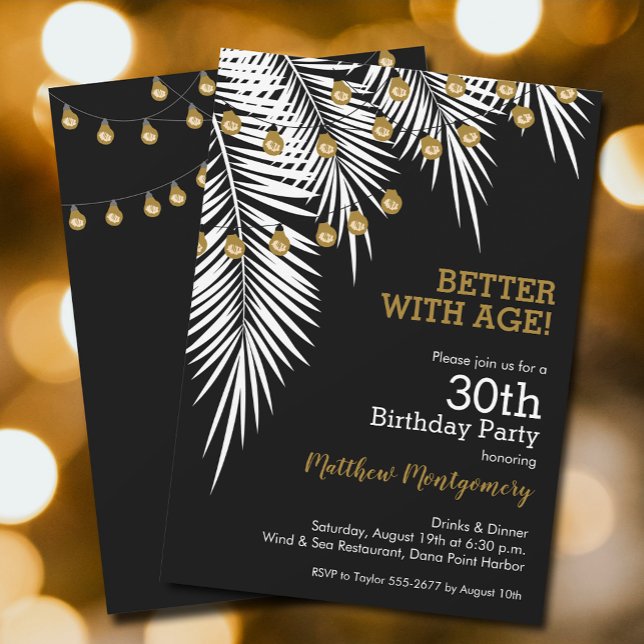 Convite Festa de aniversário de Palmas Douradas e Pretas (White Palms and string lights on black birthday party invitations, PRINTED and/or INSTANT DOWNLOAD)
