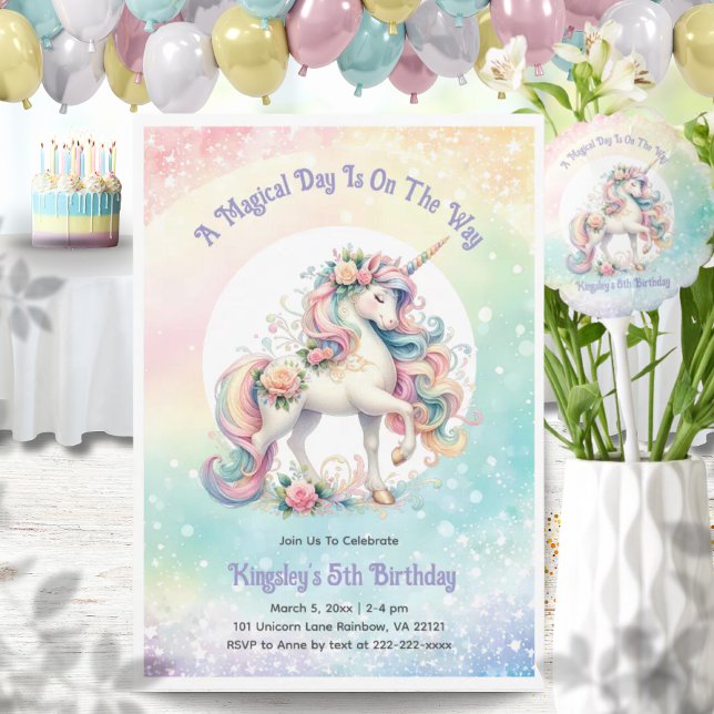Convite Festa de aniversário de Pastel Radiante do Arco-Ír (Pastel Radiant Rainbow Unicorn Birthday Party Invitation)