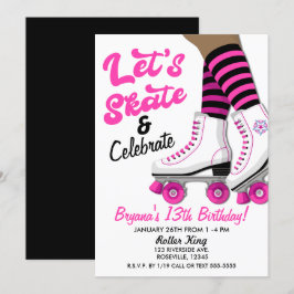 Convite Festa de Aniversário de Patinação de Patins Rosa e