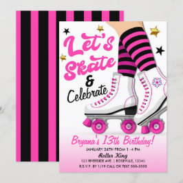 Convite Festa de Aniversário de Patinação de Patins Rosa e