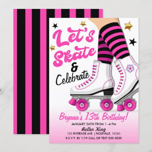 Convite Festa de Aniversário de Patinação de Patins Rosa e