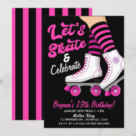 Convite Festa de Aniversário de Patinação de Patins Rosa e