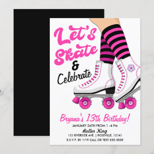 Convite Festa de Aniversário de Patinação de Patins Rosa e