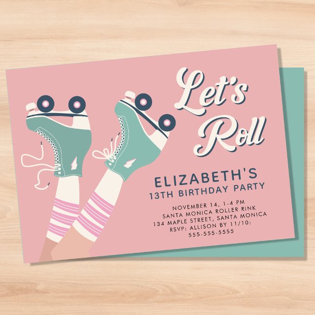 Convite Festa de aniversário de patinação do cilindro (A roller skating birthday party invitation with a cool retro vibe)