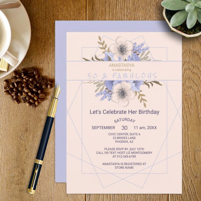 Convite festa de aniversário de pêssego violeta 50 e fabul (Easy to personalize floral pastel rose party invitation for the event planner. See the collection.)
