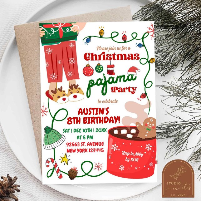 Convite Festa de Aniversário de Pijamas de Natal (Criador carregado)