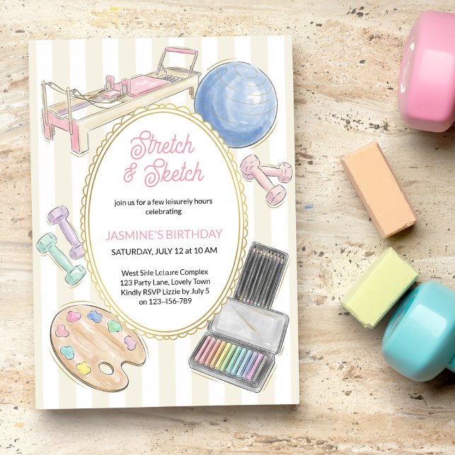 Convite Festa de Aniversário de Pilates Yoga Arte Stretch  (Stretch and Sketch invitation - activity based celebration, fitness / craft workshop event etc)