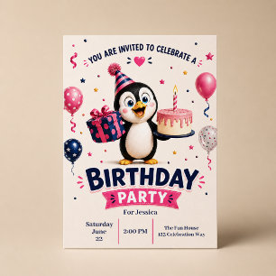 Convite Festa de Aniversário de Pinguim Divertido e Fofo