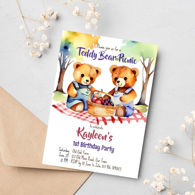 Convite Festa de aniversário de piquenique de urso (Teddy bear picnic birthday party template invitation digital download two cute teddies on a blanket)