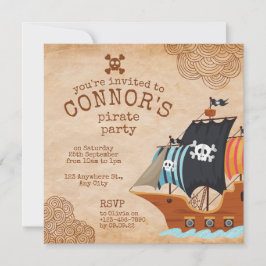 Convite Festa de Aniversário de Pirata Rústico com Navio V