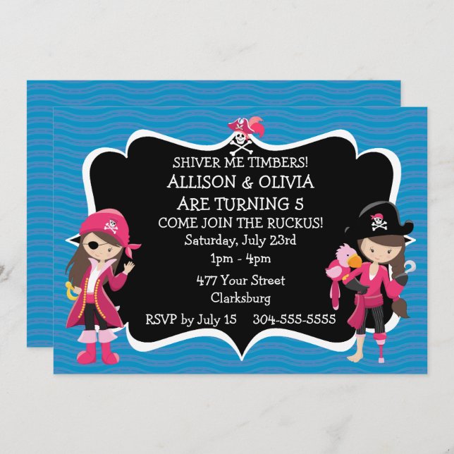 Convite Festa de aniversário de Piratas Gêmeas (Frente/Verso)