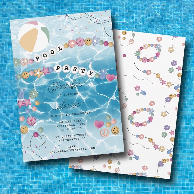 Convite Festa de aniversário de Piscina da Garota de Brace (Friendship Bracelet Girl Pool Swim Birthday Party Invitation)