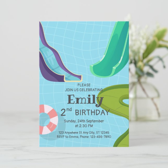 Convite Festa de aniversário de Piscina das lâminas d'água (Em pé/Frente)