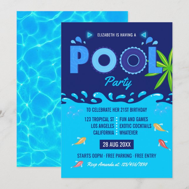 Convite Festa de Aniversário de Piscina de Verão Azul Real (Frente/Verso)
