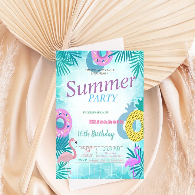 Convite Festa de aniversário de Piscina Flamingo Summer (Criador carregado)
