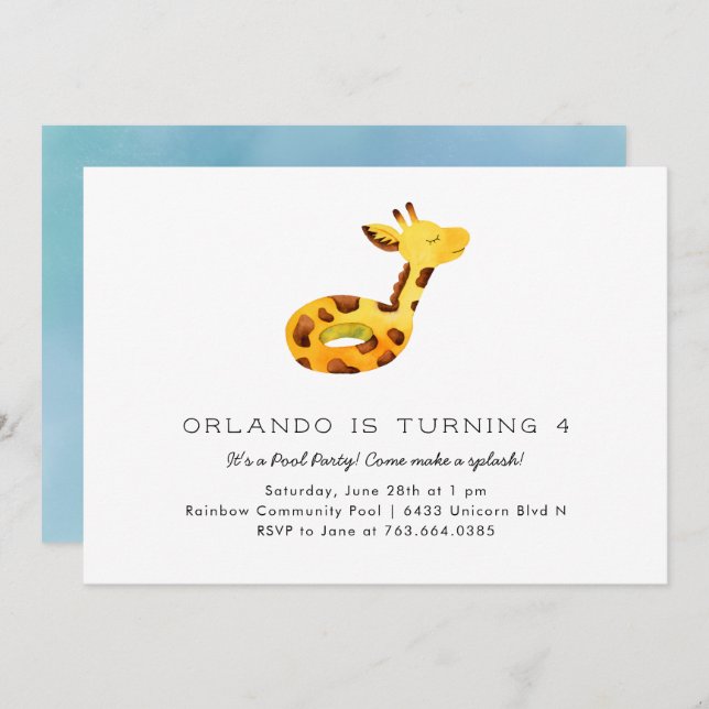 Convite Festa de aniversário de Piscina flutuante da Giraf (Frente/Verso)