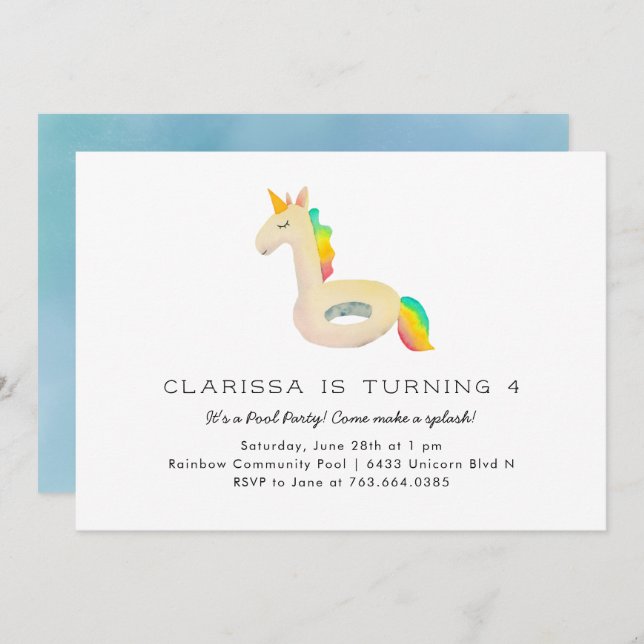 Convite Festa de aniversário de Piscina Inchada Cute Rainb (Frente/Verso)
