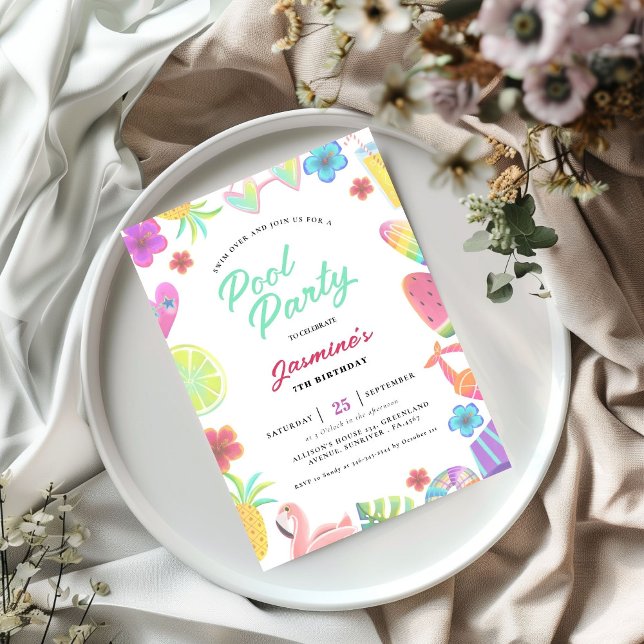 Convite Festa de aniversário de Piscina Tropical para Cria (Criador carregado)