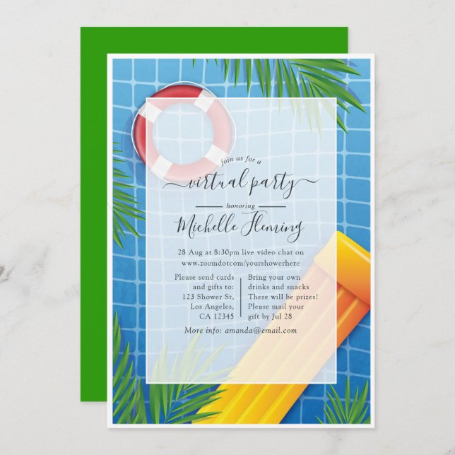Convite Festa de aniversário de Piscina virtual tropical (Frente/Verso)