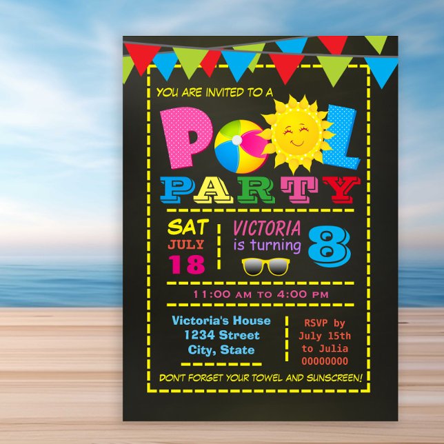 Convite Festa de aniversário de Piscinas festivas divertid (Cute girl any number pool birthday party invitation. Simply add your event details.)