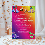 Convite Festa de aniversário de Pista do Rainbow Kids<br><div class="desc">Crianças de cor brilhante patinando em rolos, apresentando um fundo cor de arco-íris vibrante, uma seleção de skates e visões multicoloridas, o legal ditado "Deixe os bons tempos rolar", estrelas brancas e um modelo de aniversário divertido que pode ser facilmente personalizado.</div>
