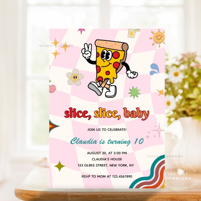 Convite Festa de aniversário de pizza hippie (Pizza Party, Pizza Birthday Invitation, Slice Slice Baby Invitation, Pizza Making Birthday, Retro Pi)