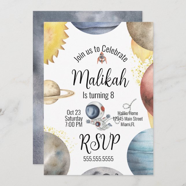 Convite Festa de aniversário de Planetas de Galáxia do Esp (Frente/Verso)