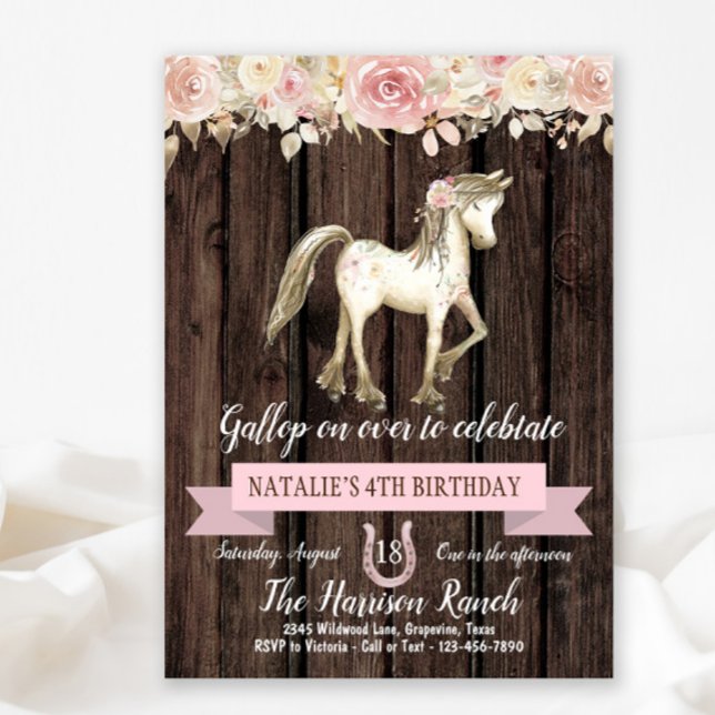 Convite Festa de aniversário de pônei com flor em água (Cute pony any number birthday party invitation.)