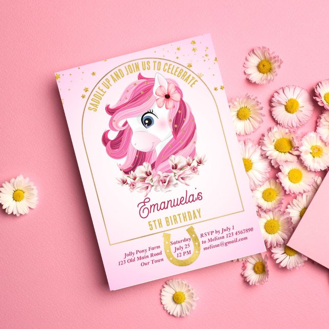 Convite Festa de aniversário de pônei sela cavalos rosa e  (Criador carregado)