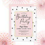 Convite Festa de aniversário de Pontos de Confetti Dourado<br><div class="desc">No estilo moderno, este design convite de aniversário apresenta bolinhas confetti dispersas em preto sobre um fundo branco. Um quadro duplo ouro com fundo cor-de-rosa pastel empoeirado rodeia o texto no estilo feminino. Um belo tipo de script escrito com cara soleza "Festa de aniversário" em letras grandes para colocar ênfase...</div>