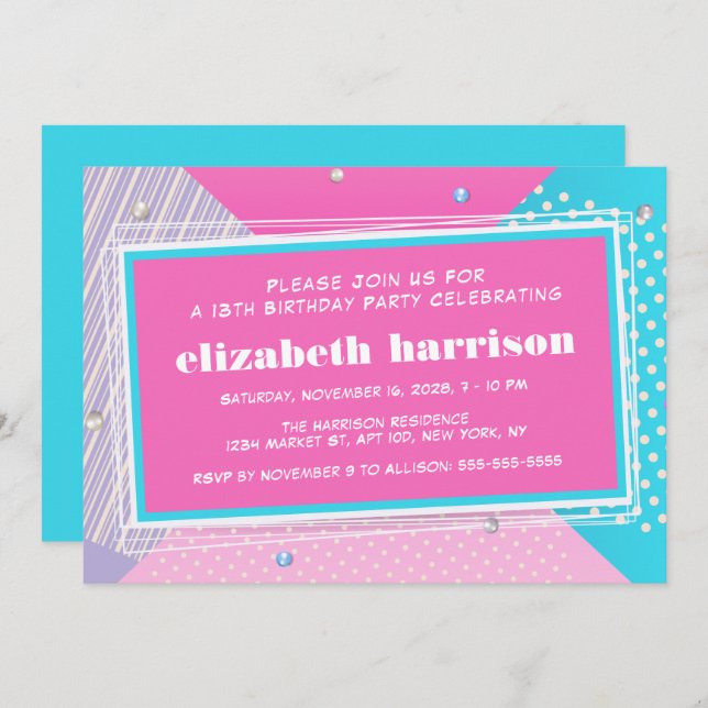 Convite Festa de aniversário de Pop de arte retrô (Frente/Verso)