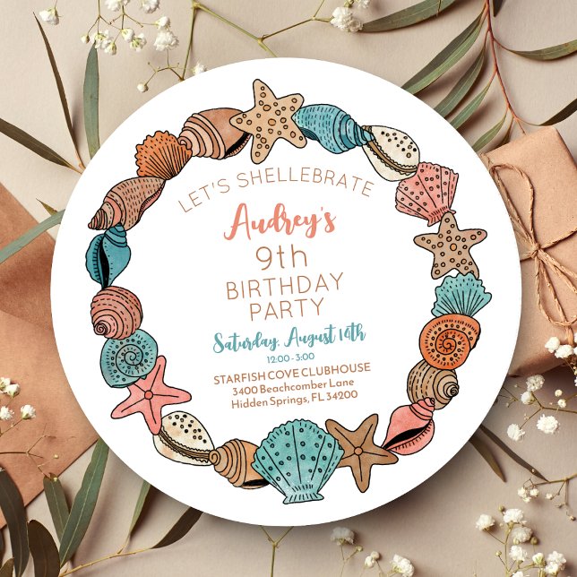 Convite Festa de aniversário de praia do Seashells (Seashell Illustration Beach Theme Birthday Party Invitation - Shellebration)