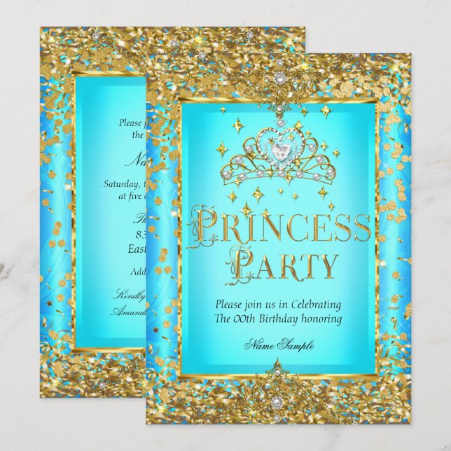 Convite Festa de Aniversário de Princesa Tiara Azul Turque (Frente/Verso)