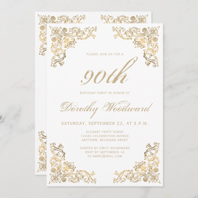 Convite Festa de aniversário de Quadro Dourado Elegante (Frente/Verso)