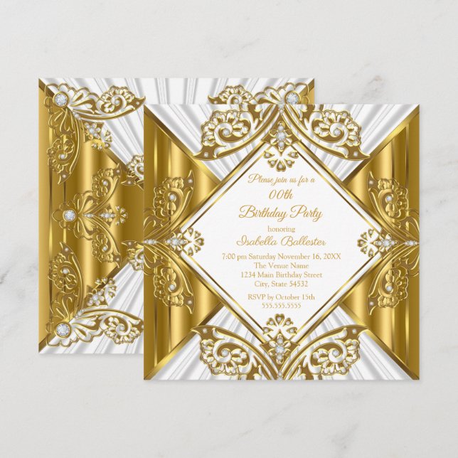 Convite Festa de Aniversário de Qualquer Idade branco Ouro (Frente/Verso)