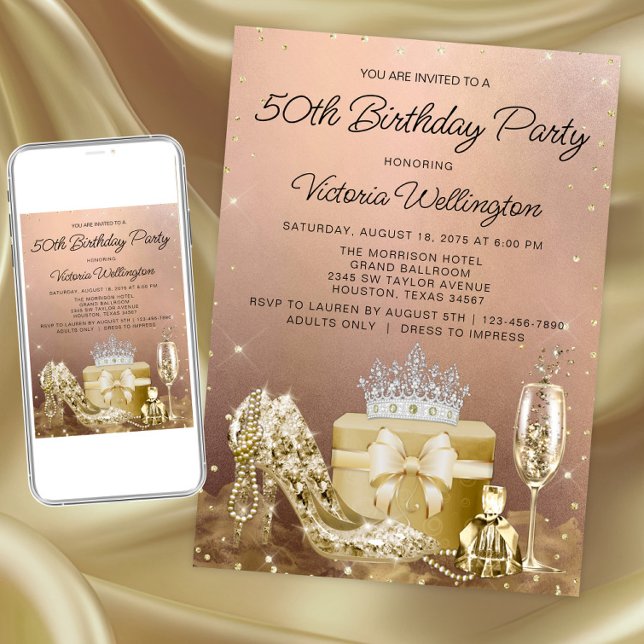Convite Festa de Aniversário de Qualquer Número em Rose Go (Womans rose gold any number birthday invitation. Instant download and printed invitations available.)