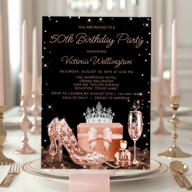 Convite Festa de Aniversário de Qualquer Número em Rose Go (Elegant rose gold any event and birthday invitation. Add your details. Background color can change.)