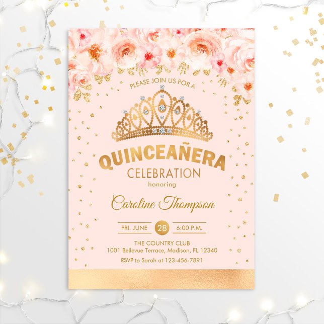 Convite Festa de aniversário de Quinceanera - Rosa Dourado (Criador carregado)