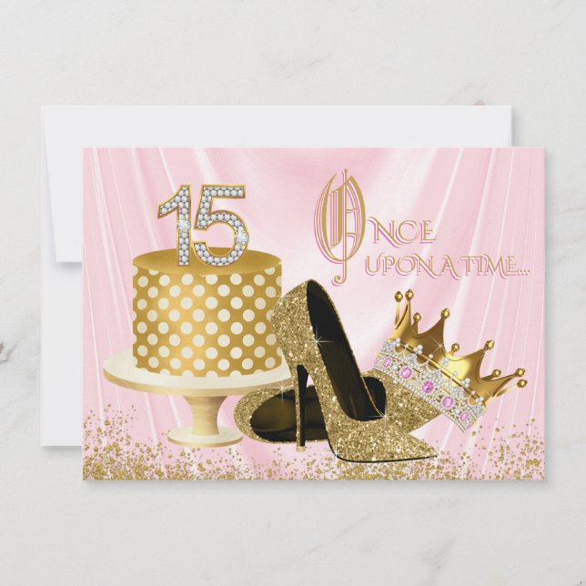 Convite Festa de aniversário de Quinceanera rosa e Dourada (Frente)