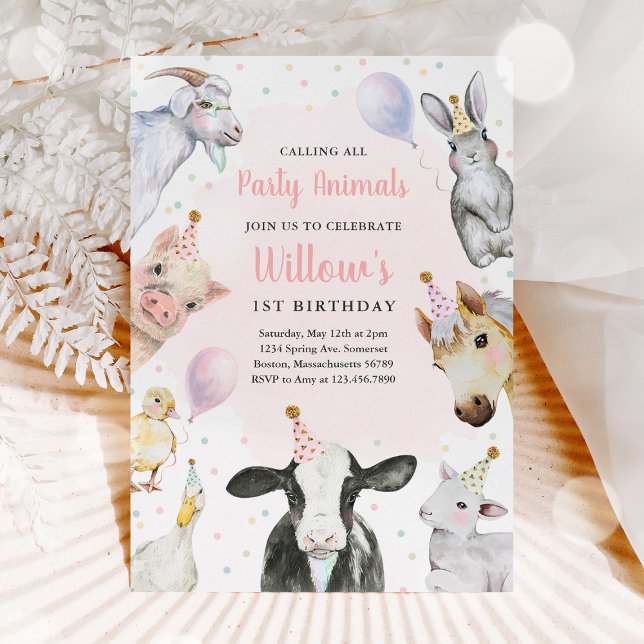 Convite Festa de aniversário de quintal rosa de animais de (Criador carregado)